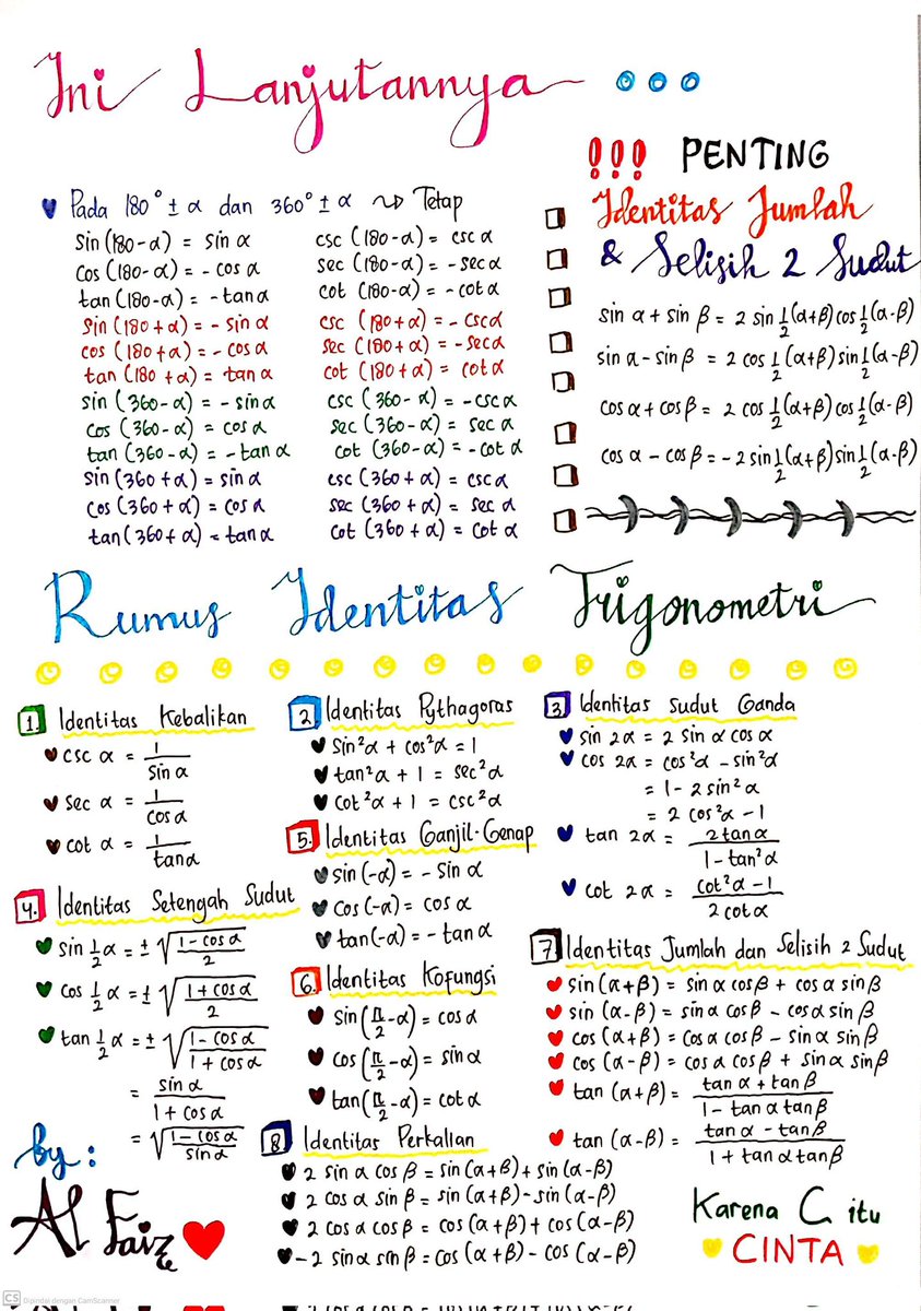Privatalfaiz's tweet photo. Haloo teman² pejuang SNBT ataupun yang masih kelas 10 &amp; 11 SMA!

Kali ini aku share rumus-rumus penting Trigonometri nihh.
Semoga bisa bantu kalian saat belajar yaa.

Kalian bisa share ke kawan yg lain dan love utk save tweet ini yaa. Semangat 🔥 https://t.co/lat4GXE2Yr