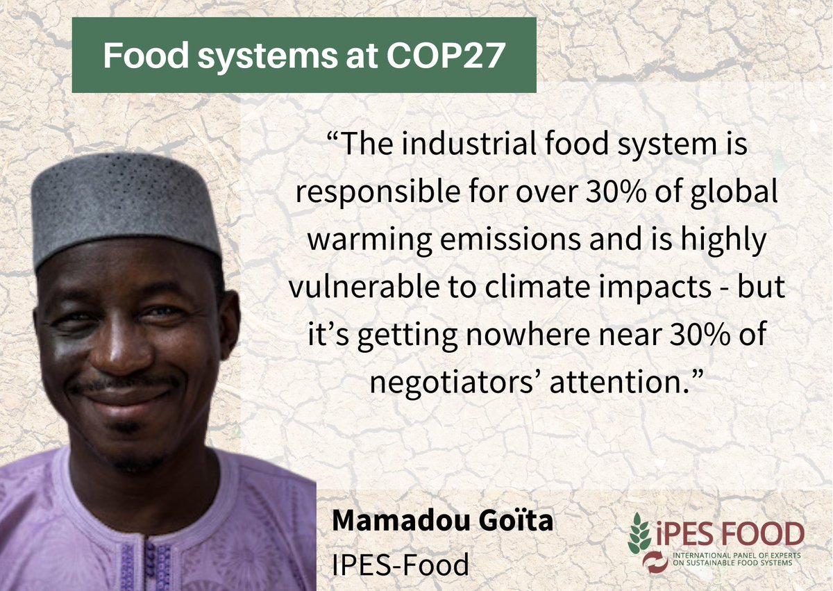 On #Agricultureday at #COP27, #foodsystems are the hot topic. But the negotiations are still paying scant attention to the huge emissions from food & farming. Initiatives like #AIM4C are announcing more support for big agri-business Our media advisory: ipes-food.org/_img/upload/fi…
