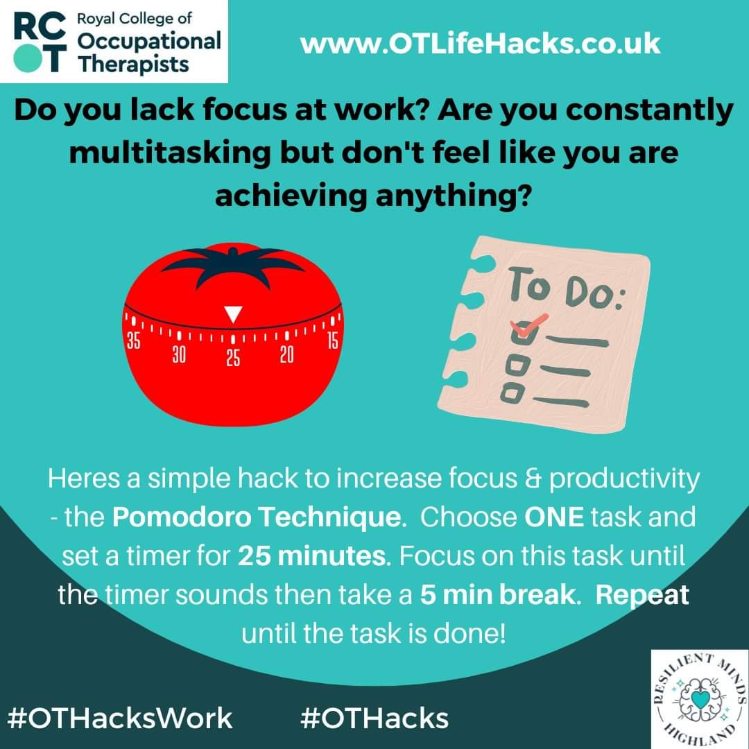 RMindsHighland's tweet photo. Final Life Hack from Me! Would you like to boost your productivity at work? Maybe you have difficulty focusing on what needs to be done?
#OThacks #OTWEEK2022 #OTLifeHacks #OTHacksWork #productivitytools #pomodoromethod @theRCOT
https://t.co/GPjVdTMpGw https://t.co/lJD3KEiO1h