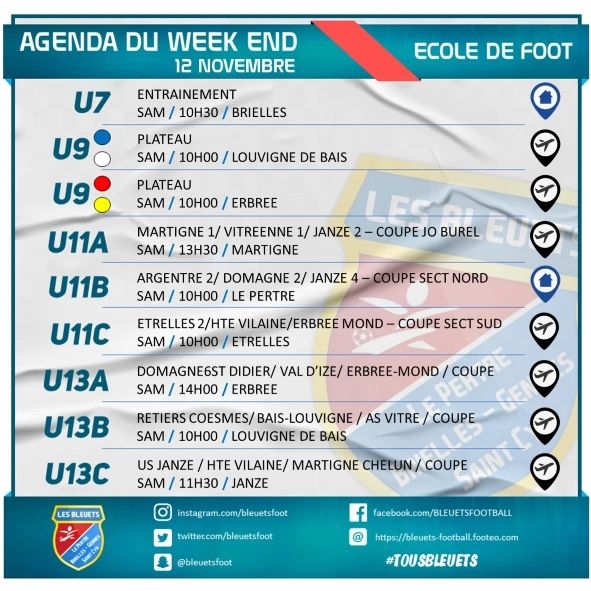 bleuetsfoot's tweet photo. [🔵🔴 AGENDA 🔵🔴]
Voici l'agenda du week-end du 12 au 13 novembre :

Venez nombreux ce weekend supporter nos joueurs !
#tousbleuets 🔵🔴 https://t.co/AniV4gAyGA