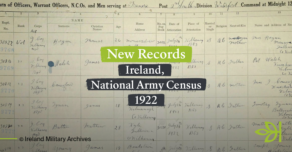 New to Ancestry® this week is the Ireland, National Army Census 1922 collection. This Irish Military Archives collection includes personal details and military unit information. ​ bit.ly/3MZNzkN