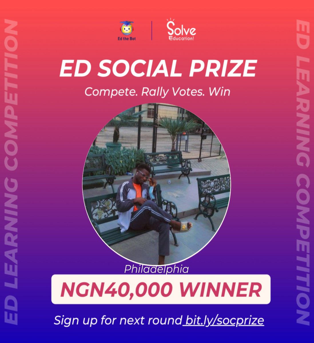 Congratulations Olaluwa Olalede on winning NGN 40,000 by participating in the Ed Social Ambassadors Program🥳 🎉

Sign Up for the Next Round: tinyurl.com/ambsocial

#solveeducation #social #socialcontest #learningcompetitions