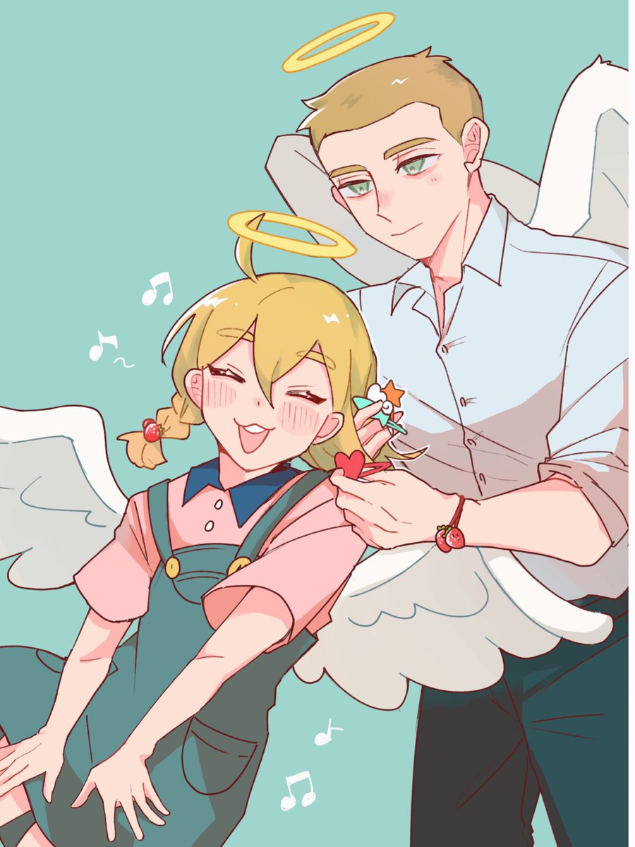 1girl 1boy shirt blonde hair wings overalls angel wings  illustration images
