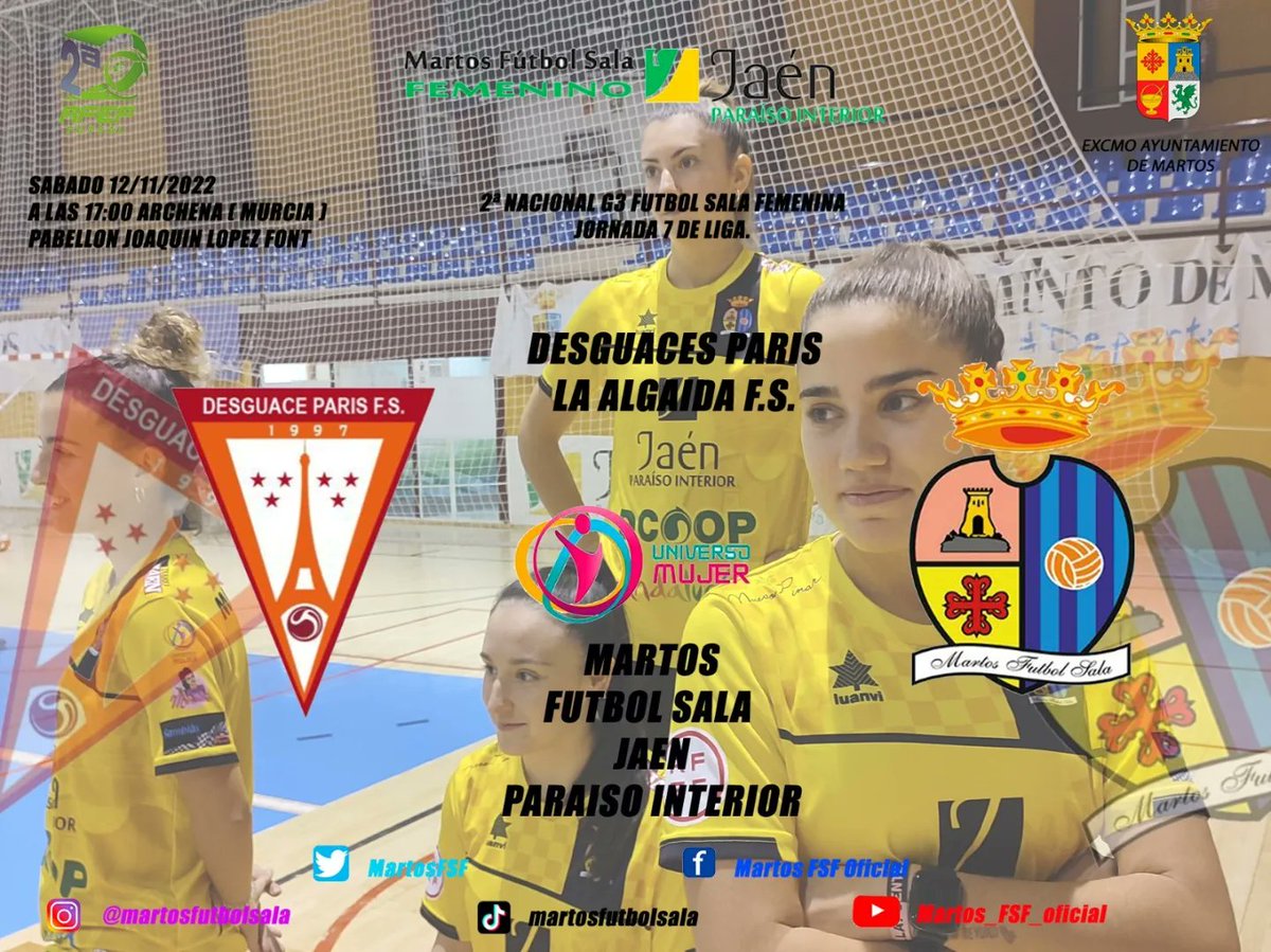 MartosFSF's tweet photo. ( LIGA NACIONAL )
Jornada 7 de liga,
Desguaces Paris algaida - Martos FS Jaén paraíso interior
🕔17:00
🗓️12/11/2022
📍 Archena (murcia)
🏟️Pabellón Joaquín López
📺 YouTube: Martos_FSF_Oficial
#somosfutsalfem
#somosMFS
💛🌩️🍍 https://t.co/h4Xq772xDA