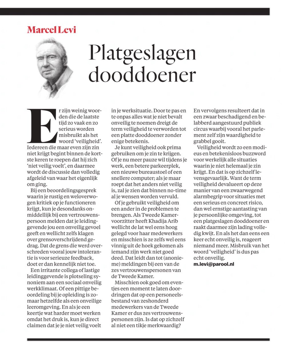 VEILIGHEID WHAT’S IN A NAME 

✅ ‘iedereen die maar even zijn zin niet krijgt begint binnen de kortste keren te roepen dat hij zich 'niet veilig voelt'’
✅ veiligheid: een platgeslagen dooddoener 
✅ als het dan eens echt onveilig wordt reageert niemand meer 

dixit <a href="/MarcelLevi/">Marcel levi</a>👇