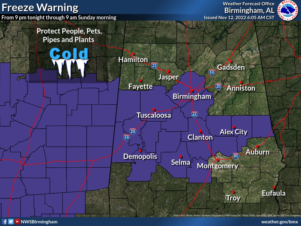 NWSBirmingham's tweet photo. A freeze is expected across all but our far southeast counties tonight. A freeze warning is in effect from 9 pm tonight to 9 am Sunday morning for the counties that have not yet reached freezing this season. Ensure you have safe ways to keep warm tonight. https://t.co/1LcaqhXGYl
