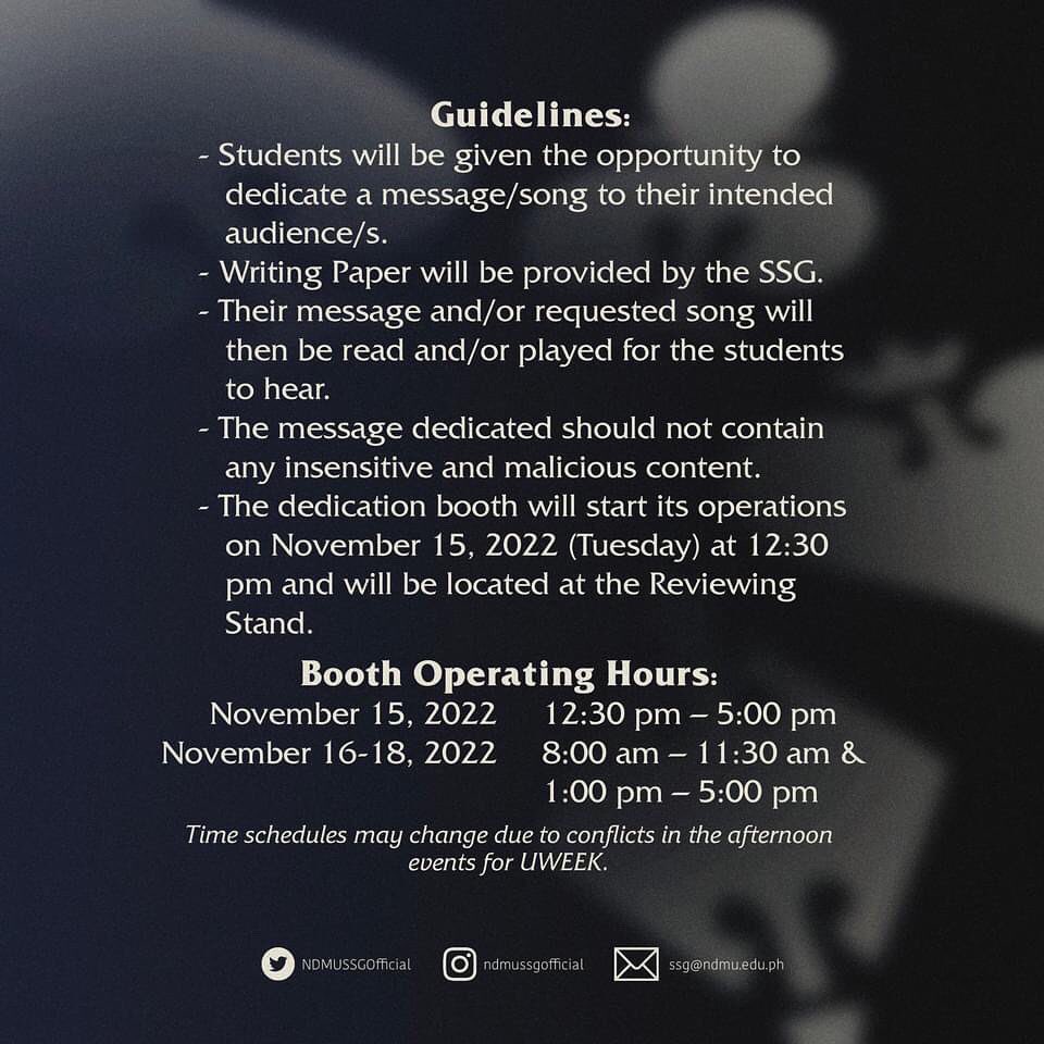 NDMUSSGOfficial's tweet photo. ๐๐๐๐ง๐ ๐ฎ๐ค๐ช๐ง ๐๐๐ง๐๐จ!
Wanna let the campus know what are your thoughts?
Join and share your cards, dedications and song choices this coming University Week 2022!
#TatakMarista
#beginwithserviceascendwithexcellence
#reshufflingthecardsofexcellence
#UWeek2022 https://t.co/91cAfCe6Ah