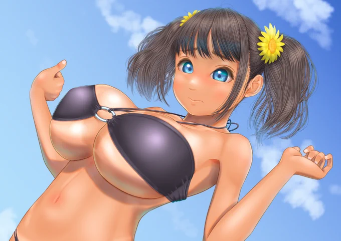 はずかしながらあっぷしました。依頼絵 | 卯月めい #pixiv  skebで描かせていただいた、水着のサイズが合わなくなった女の子です。pixivのリンク先にトリミング前(太腿ぐらいまで)の物も置いてます、ぜひ! 