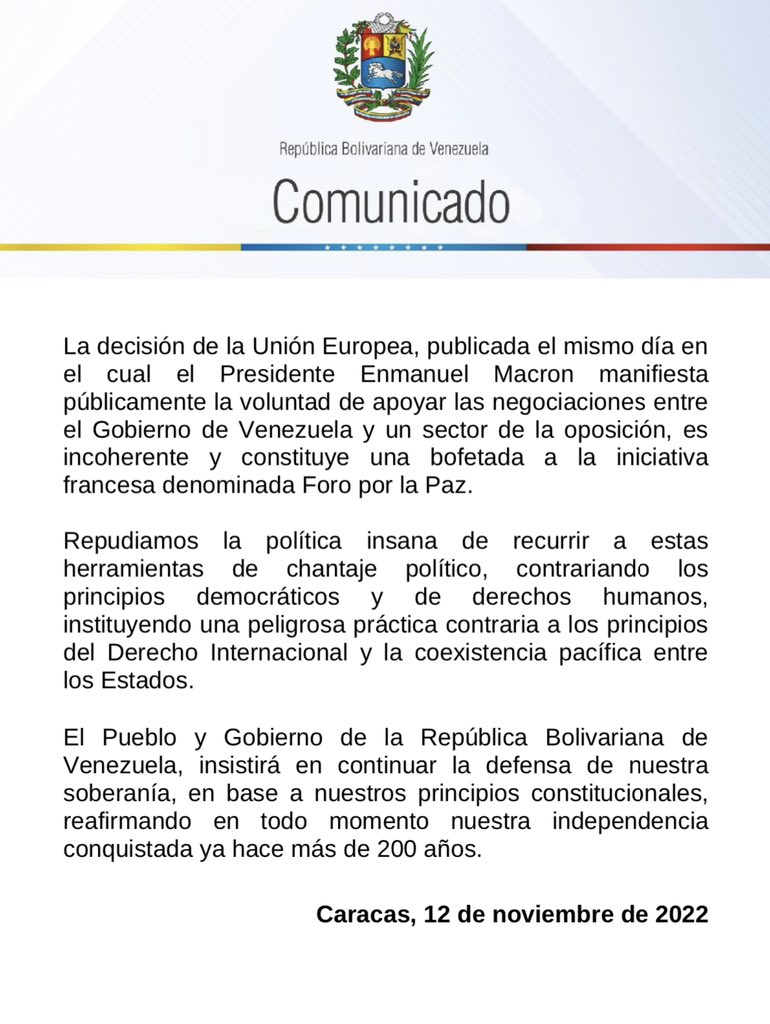 Fariacrt's tweet image. COMUNICADO | Venezuela rechaza la decisión de la @EU_Commission de renovar, las sanciones ilegales y criminales aplicadas al pueblo venezolano.
Continuaremos defendiendo nuestra soberanía, con base a nuestros principios constitucionales.