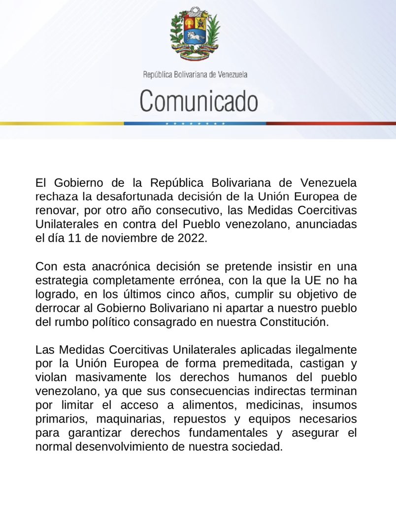 Fariacrt's tweet image. COMUNICADO | Venezuela rechaza la decisión de la @EU_Commission de renovar, las sanciones ilegales y criminales aplicadas al pueblo venezolano.
Continuaremos defendiendo nuestra soberanía, con base a nuestros principios constitucionales.