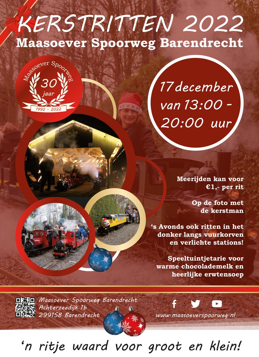 maasoever's tweet photo. Over iets meer dan een maand vinden de #kerstritten van 2022 weer plaats.🧑‍🎄De treinen rijden zaterdag 17 december van 13:00 tot 20:00uur (dus in het donker!) Het station en depot zijn gehuld in kerstsfeer.🎄Speeltuintjetaria is open voor warme chocomel en soep! #kerst #maasoever https://t.co/ZmzIU8L0VV