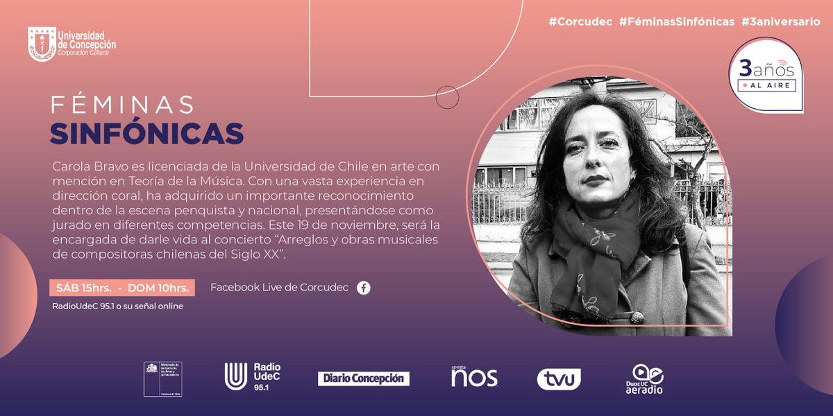 TeatroUdec's tweet photo. Este sábado conoceremos más sobre Carola Bravo en un gran capítulo de Féminas Sinfónicas por @radioudec y plataformas de #corcudec https://t.co/m1QjD5raqN