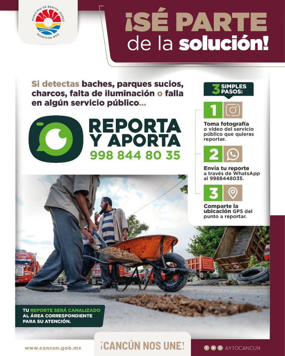 anapatyp's tweet photo. Cancunenses recuerden que a través de nuestras brigadas de @ServPublicosBj realizamos  trabajos de limpieza de parques, atención a luminarias y descacharrización en diferentes puntos la ciudad.

Envía tus reportes vía WhatsApp al 998 844 8035
#ReportaYAporta 📲 https://t.co/IQYlnCwVUl