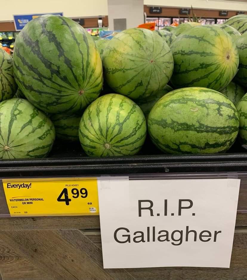 ElayneBoosler's tweet photo. My friend Steve Bluestein sent me this today. It's an actual sign in Albertson's market. It made me cry. If you go back &amp; look at Gallagher's 11 Showtime specials you'll see the brilliance of his writing re: politics, social commentary, logic &amp; life. One of a kind. RIP friend. https://t.co/X8t2ORKNy1