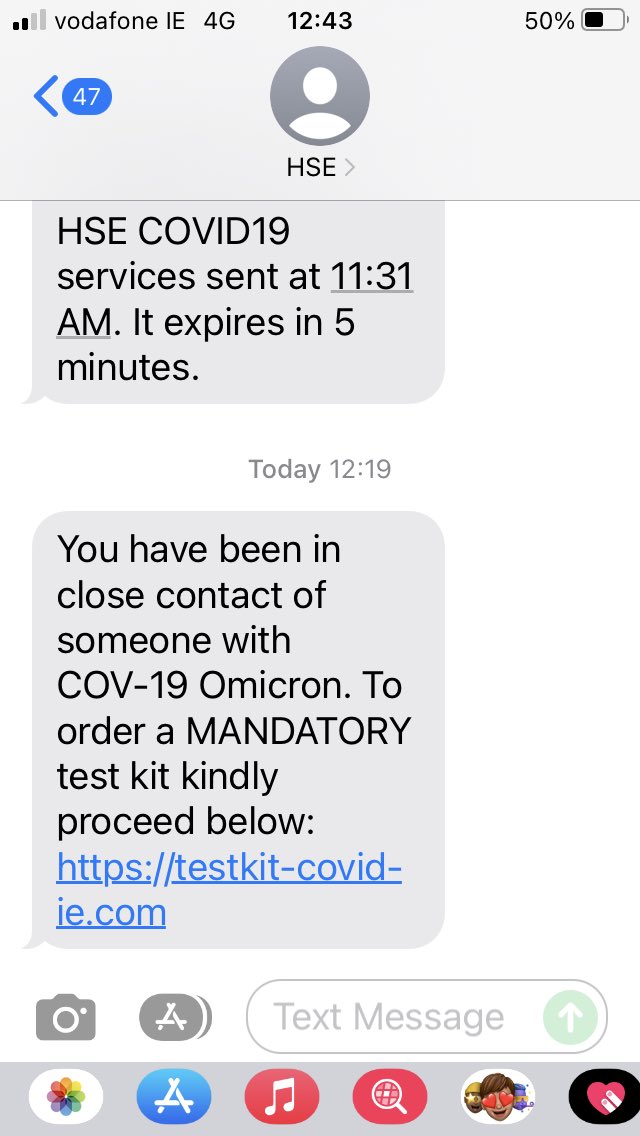 JuneFardey's tweet photo. Be cautious if you receive this Text Folks. It’s a scam. Do not click on the link. It’s seeking payment for the ‘MANDATORY’ Test so best to delete. #HSE #COVID https://t.co/PZyiDbkGU6