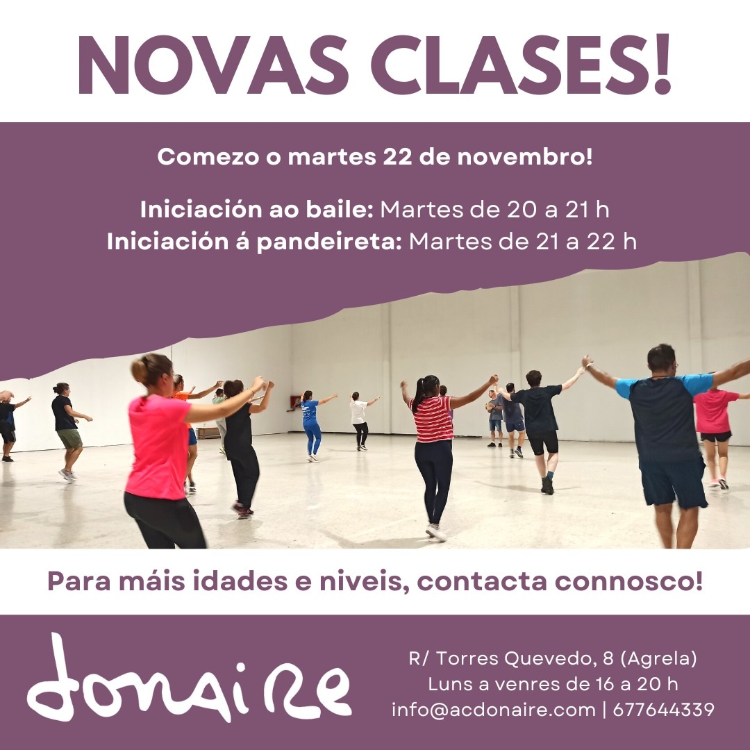 🔊 Abrimos novos grupos❗

É o momento de anotarse a baile e/ou pandeireta de iniciación! 😄

Comezamos o martes 22 de novembro na #NaveDonaire (Agrela, A Coruña). 

Escríbenos para máis información. 

#adonáirate