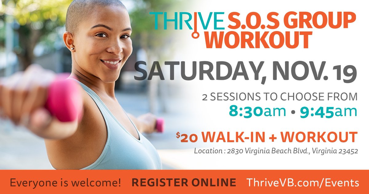 November S.O.S Group Workout

👉 SATURDAY, NOVEMBER 19
👉 2 CLASSES: 8:30AM • 9:45AM
👉 $20 WORKOUT

Register online 👉 l8r.it/RWrB, or call (757) 364-0067.

Location: 2830 Virginia Beach Blvd., Virginia Beach, VA 23452