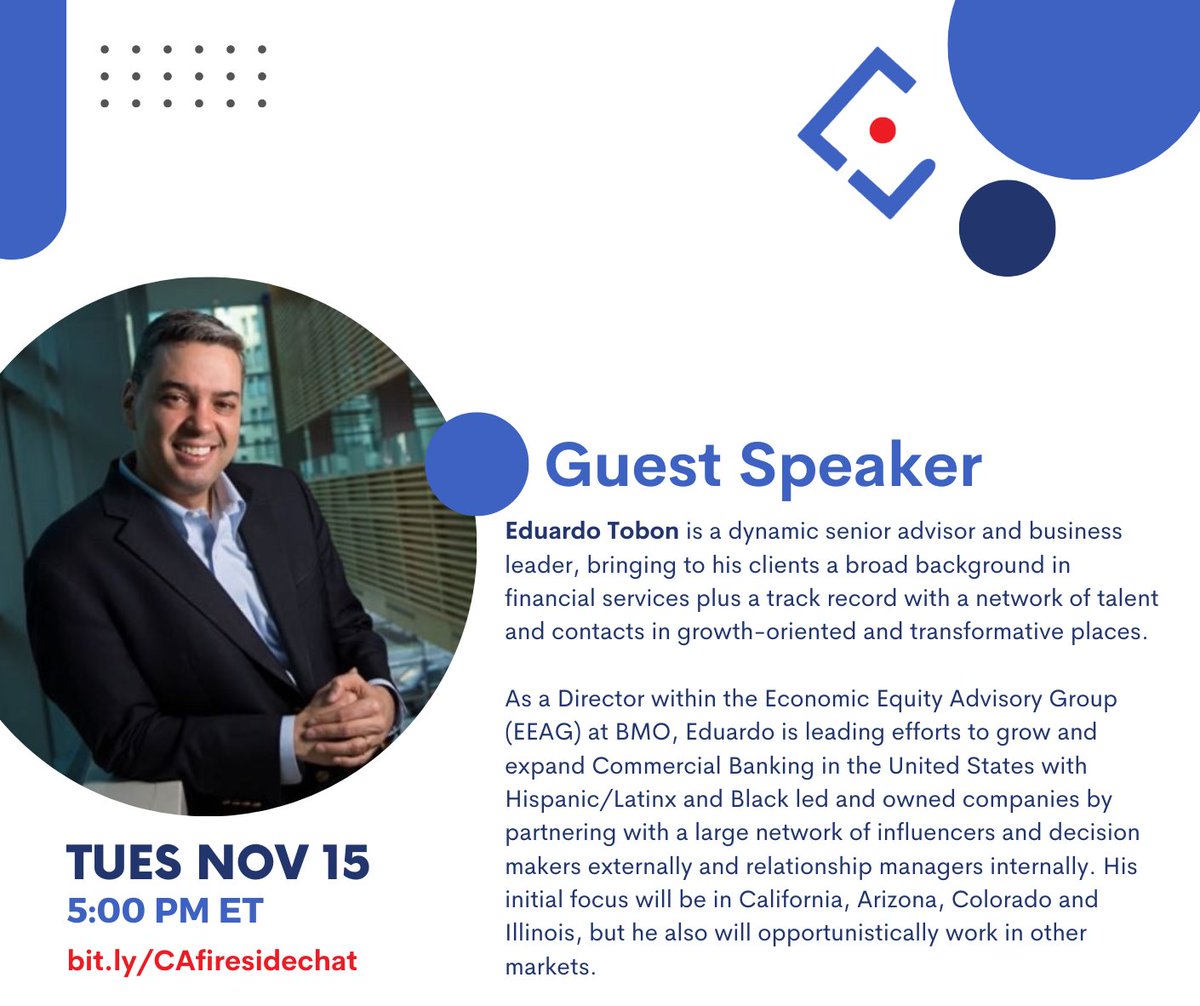 CommuneAngels's tweet image. Meet our Guest Speaker @etobon of @AngelesInvestor, coming to us with a wealth of knowledge &amp;amp; expertise! 

Join us on the 15th at 5:00 PM to meet Eduardo &amp;amp; hear about his own experiences as a senior advisor in these uncertain times.

Register here: bit.ly/CAfiresidechat