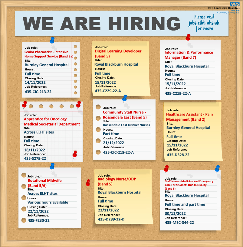 The ELHT Job Board has been refreshed and we have a wide range of job openings across the Trust! To search for these vacancies please search for the listed job reference on our job site. 

For more, please visit orlo.uk/X08Ml where there are even more opportunities!