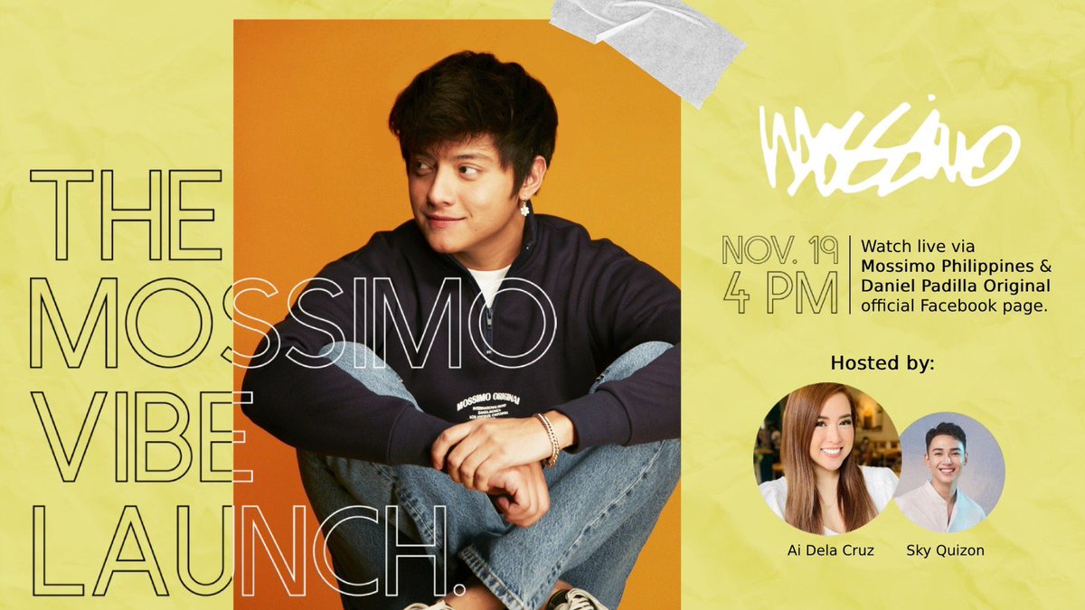Get your happy vibes flowing at the Mossimo Vibe Launch with its first-ever endorser, @supremo_dp! Hosted by @aidelacruz and @skyquizon_, watch it on Nov 19, 4PM live via Mossimo Philippines FB and Daniel Padilla Original Facebook page. #VibeWithMossimoxDaniel