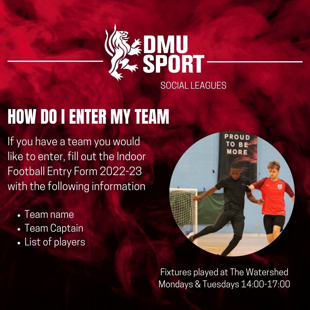 ⚽DMUsport Social League - Indoor Football ⚽ 

Wondering how to enter a team into our Indoor Football league 🤔 

⏰ The deadline for all entries is the 15th of November, 5pm ⏰

Follow the steps listed below 👇