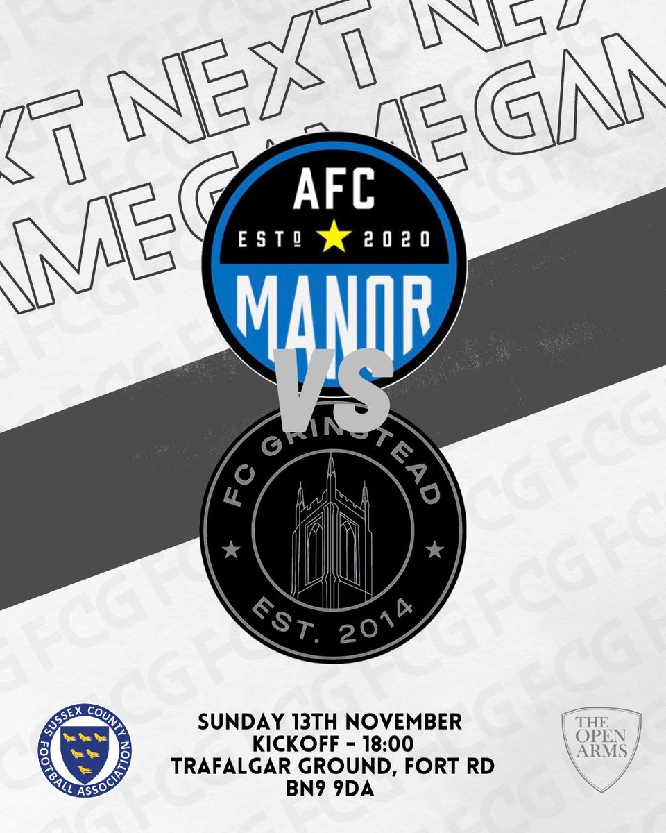 FCGrinstead's tweet image. NEXT UP!

@AfcManor 
🏆 Div 3 Cup - Semi Final
🗓 13/11/2022
⏰ 18:00
📍 Trafalgar Ground, Fort Rd BN9 9DA

Tomorrow night we face Afc Manor at Newhaven FC, in the semi final of the Division 3 cup. 

18:00 kick off with food &amp;amp; drink on sale!