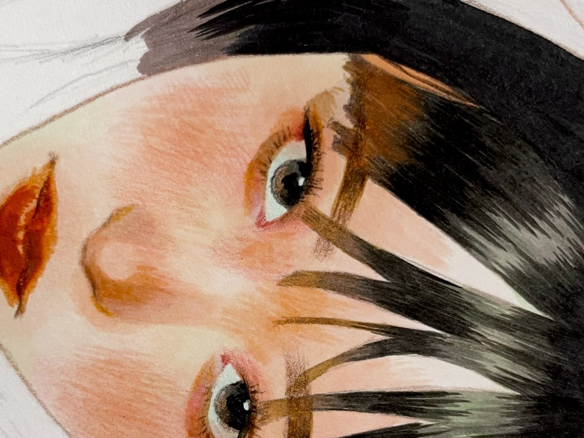 solo 1girl black hair black eyes traditional media close-up looking at viewer  illustration images