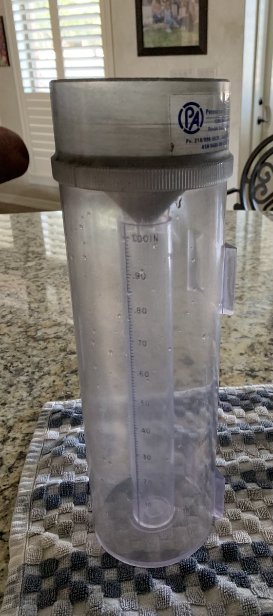 May have measured its last rainfall. I bought this 32 years ago in my first job out of college (Purdue Extension). Measures up to 14". 

The top cone has turned black and pitted. Attempting to sand it out. 

Still being made by Productive Alternatives, Inc in Minnesota!