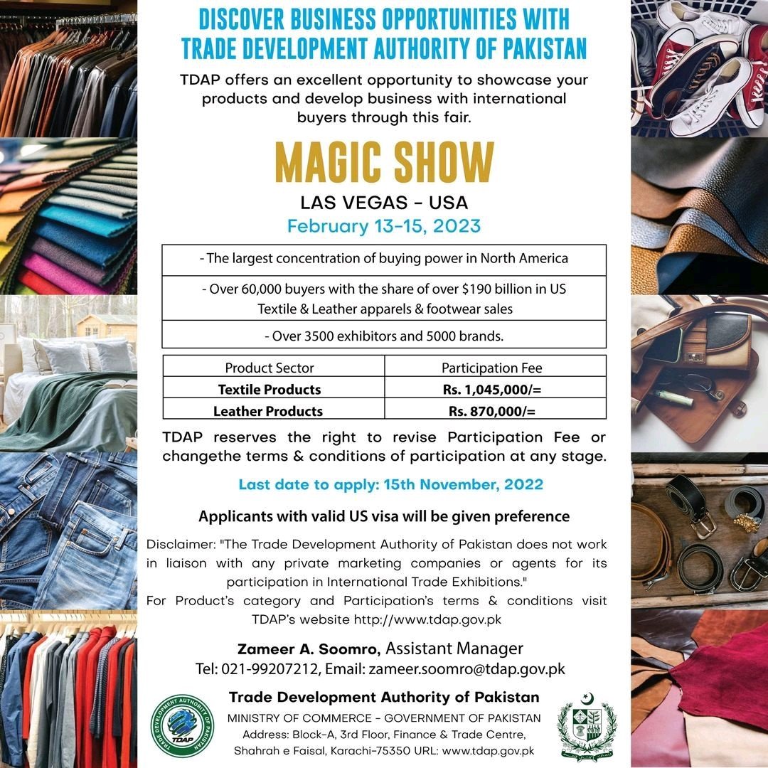 Reach_Expo's tweet photo. Apply with TDAP for participation in SOURCING at MAGIC Las Vegas, Feb 13-15, 2023.
Contact Us: sales@reachexpo.com ; +92 3434445553

#apparel #pakistan #denim #sportswear #sialkot #knits #footwear #fleece #hoodies https://t.co/7HC1MyrHkO