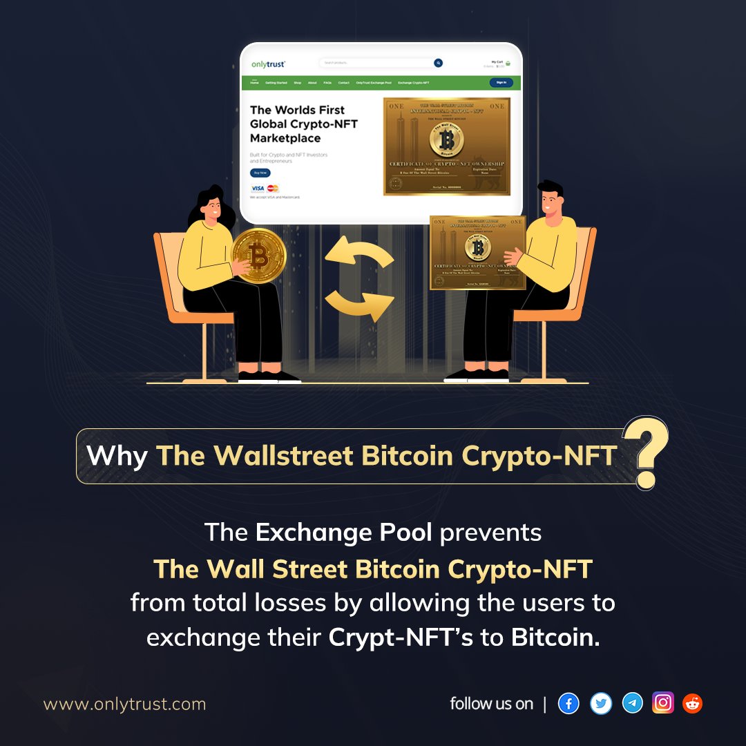 wall_st_bitcoin's tweet photo. The OnlyTrust Exchange Pool 🔄 prevents The Wall Street Bitcoin Crypto-NFT 🚀 from total losses by letting the users to exchange their Crypto-NFT for Bitcoin   

Get yours now before it’s sold out, only on the OnlyTrust Platform https://t.co/BjkqDD3epZ📢

#Thewallstreetbitcoin https://t.co/YWVoXl2U82