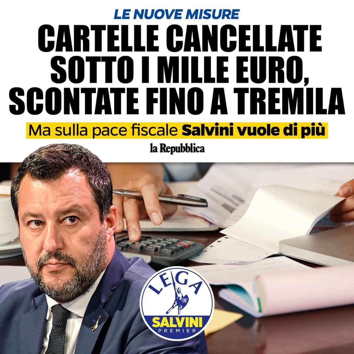 matteosalvinimi's tweet photo. In un momento di difficoltà economica, semplificare la vita a milioni di italiani cancellando e rottamando le cartelle esattoriali è buonsenso.
Avanti con la pace fiscale. https://t.co/ZDmKzKhKxY