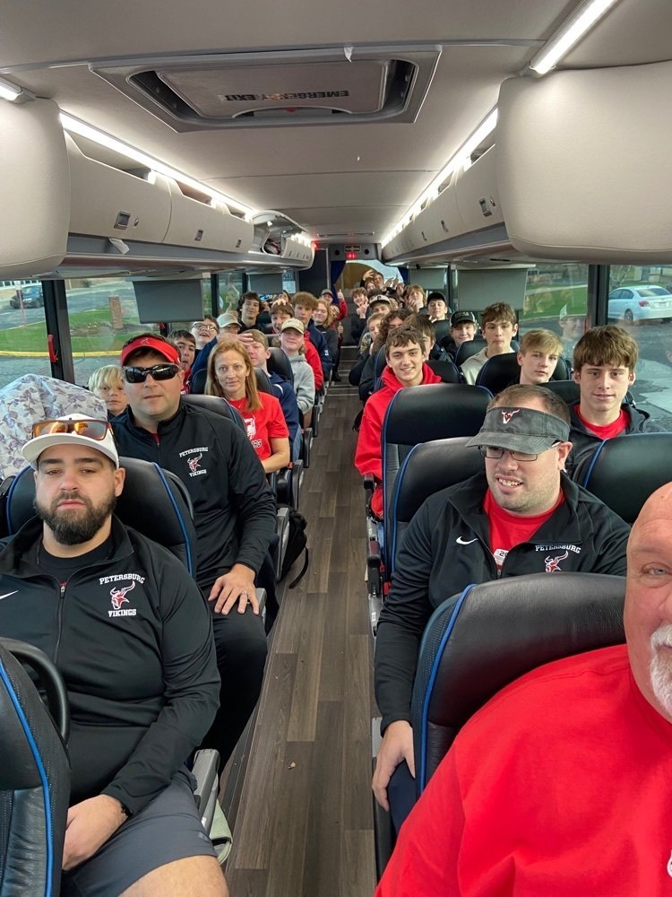 PetersburgHS's tweet photo. And they’re off to take on James Monroe in the first round of state playoffs. #bringhomethewin #VikingPride https://t.co/iDPj2l3ma7