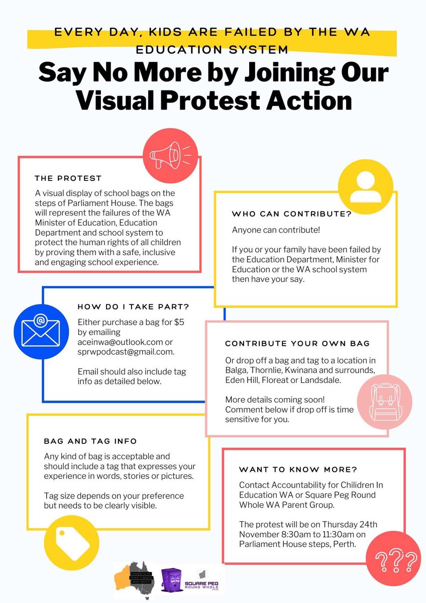 ACEinWA's tweet photo. This is what we need; bags and tags.

Help us highlight the issues in our education system.

Add your kids stories to the steps of parliament.

#waschoolscrisis
#sueellery #waeducation #protest #accountability #mentalhealth #allkidsmatter #nochildleftbehind #followtheguidelines https://t.co/0pZ5P2dsM8