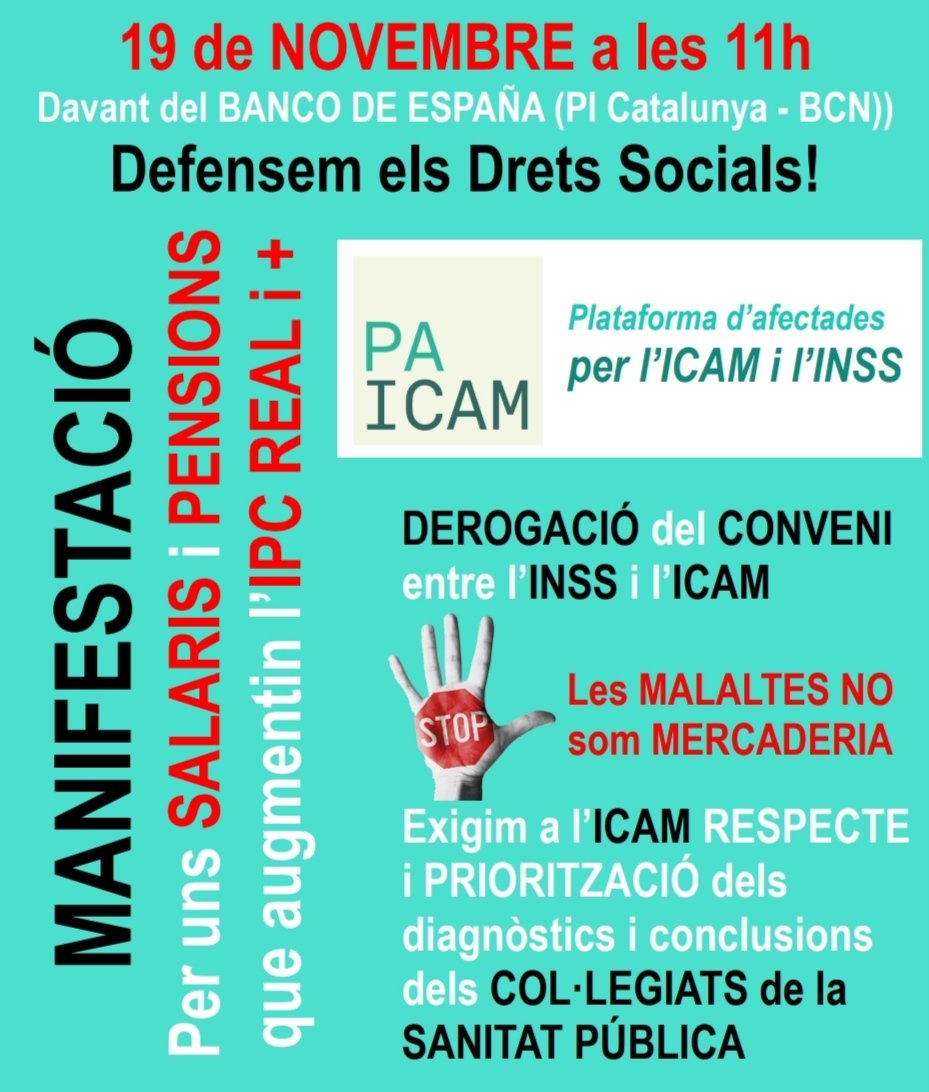 ⚠️MANIFESTACIÓ⚠️
Defensem els Drets Socials‼️
📆 Dissabte 19 de novembre
⏰ 11h
📍 Banco de España - Plaça Catalunya (Bcn).
Convoca_ Coordinadora de Moviments Socials i Sindicals de Catalunya