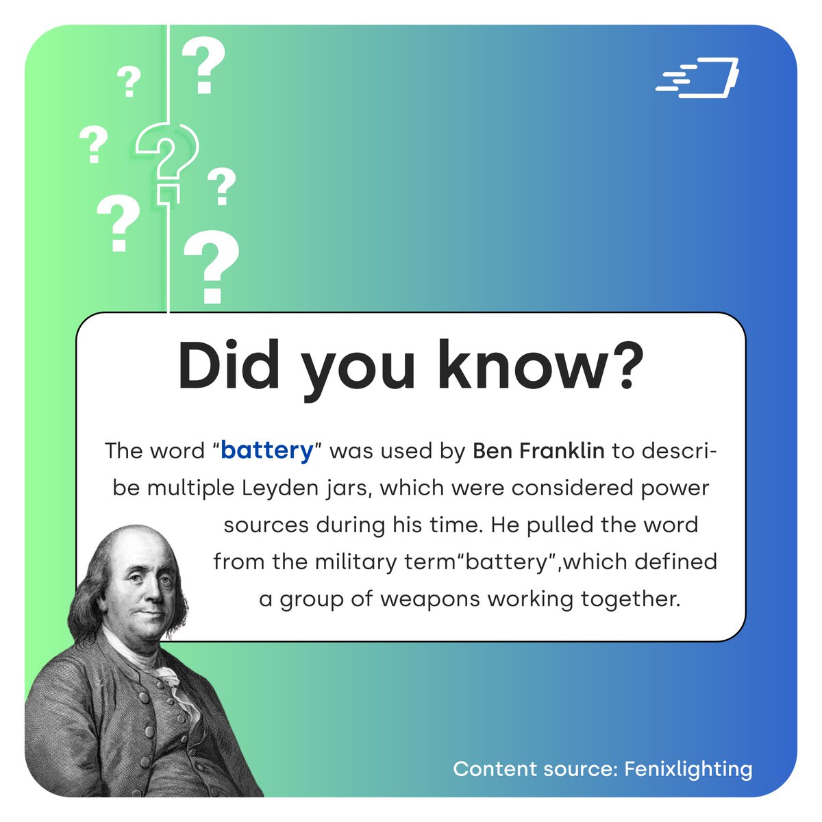 F_A_S_M_H_O's tweet photo. Did you know?

Every year, over 15 billion #batteries are produced.

Batteries have been around for over 200 years, but one of the first-ever batteries was created by Benjamin Franklin in 1748.

Here are some interesting facts about Benjamin Franklin's first electric battery. https://t.co/IRa6TOVq1W