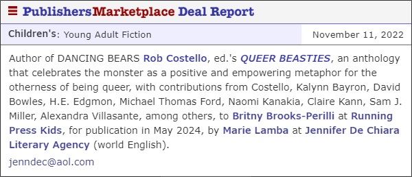 Marie Lamba (@marielamba) on Twitter photo So thrilled to announce the deal for <a href="/JDLitAgency/">The Jennifer De Chiara Literary Agency</a> client Rob Costello's fabulous YA anthology QUEER BEASTIES at <a href="/RP_Kids/">Running Press Kids</a>! SO many great contributors! It's going to be SPECTACULAR! Congrats!!!! #YA #fantasy #monsters So thrilled to announce the deal for <a href="/JDLitAgency/">The Jennifer De Chiara Literary Agency</a> client Rob Costello's fabulous YA anthology QUEER BEASTIES at <a href="/RP_Kids/">Running Press Kids</a>! SO many great contributors! It's going to be SPECTACULAR! Congrats!!!! #YA #fantasy #monsters