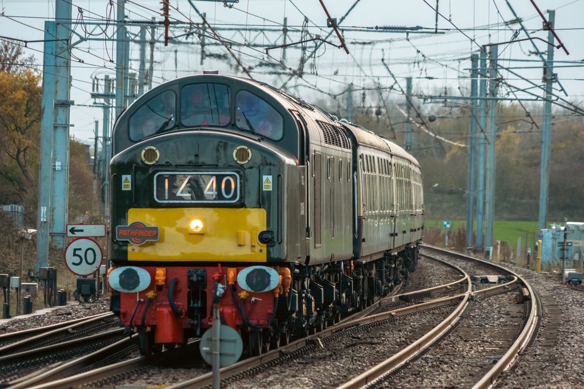 D345/ Class 40145 slows approaching Winwick Jn before taking the Earlestown line towards Newton-le-Willows working 1Z40 0701 Burton-on-Trent to Newcastle
