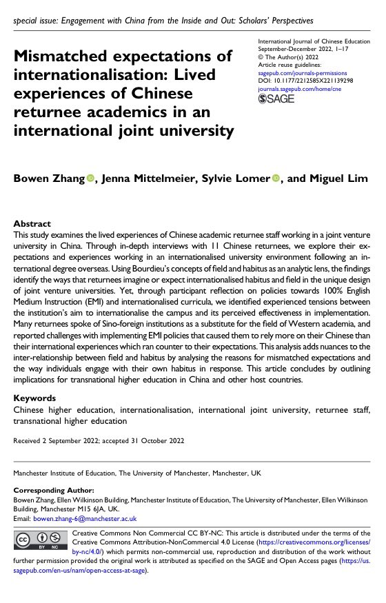 charlzhang1996's tweet photo. Elated to share my article with @JLMittelmeier @SE_Lomer @miguel_a_lim is out! It considers TNHE as a method to examine internationalisation in China HE, and shed lights on unique challenges faced by returnees in internationalised contexts. Open access: https://t.co/Jqm9uxXk47 https://t.co/sD8kolPiZn