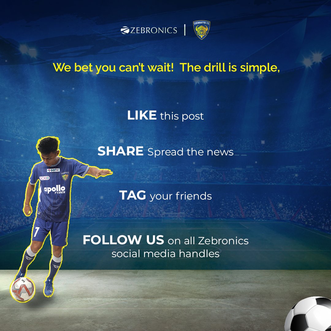 zebronics's tweet photo. CFC Fans, your most awaited #GiveAway is here!⚽
Do the simple drill,
👉 LIKE
👉 TAG &amp; RT
👉 FOLLOW US
and stand a chance to win a customized @ChennaiyinFC Jersey👕
The winner will be announced on 19/11/22🏆

#zebronics #alwaysahead #cfc #allinforchennaiyin #giveawayalert https://t.co/WeuV6MGNF9