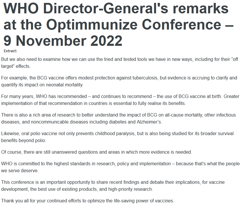Link to the WHO Director General's opening remarks at the #Optimmunize2022 conference. It is a strong encouragement that the research into non-specific effects of vaccines is receiving positive attention from the highest level @DrTedros @DanishIAS #NSEvac who.int/director-gener…