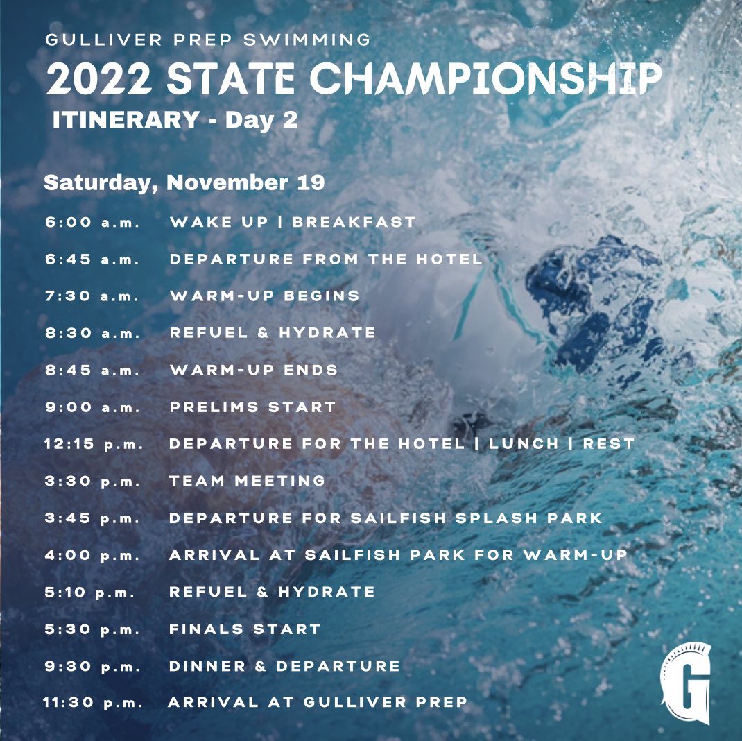 The 2022 FHSAA Class 2A State Championship is this Saturday, November 19! 

Take note of the itinerary, and let’s finish the season strong!! 
💪💪💪

Let’s go Raiders! 😤😤💦💦

#unparalleled #gulliverprep #fhsaa #highschoolswimming #studentathlete #highschool  #florida #states