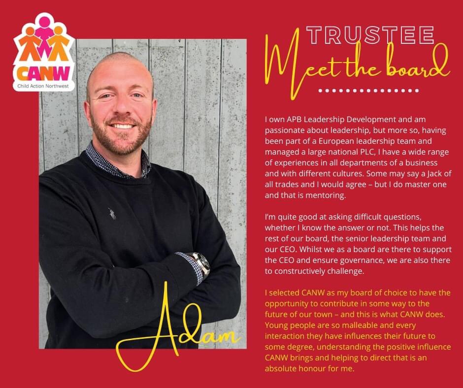 TeamCANW's tweet photo. #TeamCANW want to say a huge Thank you to Adam who Vice Chairs our board 💛 #TrusteeWeek
"Being a Trustee offers you a multitude of benefits, the more you want the more you can have. If you’re looking for purpose in life I encourage you to come and meet us."
info@canw.org.uk https://t.co/u4gqzDHn0k