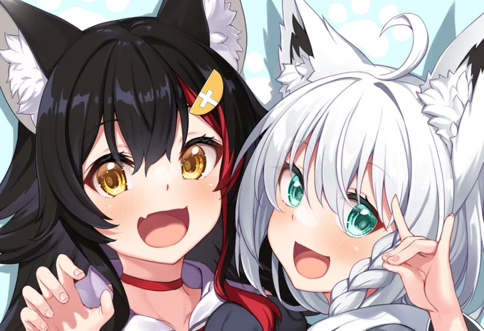 スマートフォン壁紙用の個人的に欲しかった大神ミオちゃんと白上フブキちゃんのイラストを描きました。ツリーに続きますー#みおーん絵 #絵フブキ 
