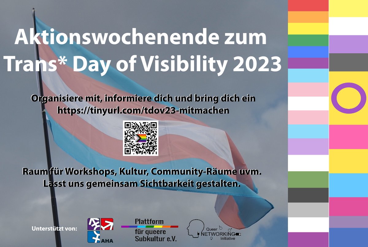NetworkingQueer's tweet photo. Aktionswochenende zum Trans* Day of Visibility 2023 #Tdov23 geplant
Organisiere mit, informiere dich und bring dich ein: https://t.co/L68bqfex59
Raum für Workshops, Kultur, Community-Räume uvm. – lasst uns gemeinsam Sichtbarkeit gestalten.

Kontakt: tdov@queer-networking.de https://t.co/PYC3yZKNJM