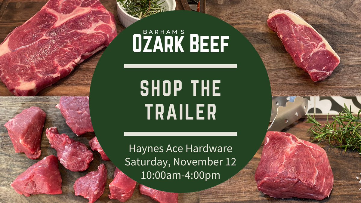 Ed_Linck's tweet image. Today is Shop The Trailer day! From 10:00am-4:00pm, I’ll be selling Barham’s Ozark Beef at Haynes Ace Hardware in Conway, AR. The weather looks great, and the beef has lots of marbeling! 

We’ll have individual cuts and samplers available today.
#beefsnob
