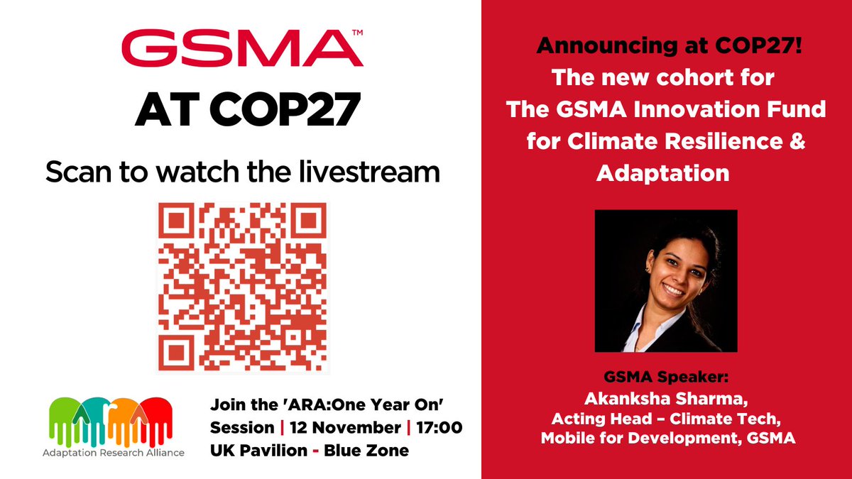 🔊1 hour to go! Watch the 🖥️LIVESTREAM on our big announcement at #COP27 on the new cohort for GSMA’s #InnovationFund for 🌳#ClimateResilience &amp; Adaptation by Acting Head-#ClimateTech <a href="/AkankshaSharma/">Akanksha Sharma</a>. Watch it all happen LIVE on stage! bit.ly/3Gb7Um0 | <a href="/Sida/">Sida</a> <a href="/FCDOGovUK/">Foreign, Commonwealth & Development Office</a>