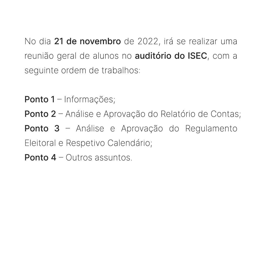 Marca na tua agenda e não faltes a mais uma importante assembleia geral de alunos no dia 21 de novembro!
Contámos contigo 😁💯