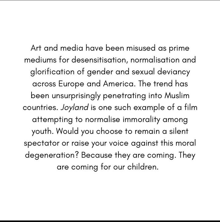 __dreamfyre___'s tweet photo. A pakistani film named joyland is being appreciated in the west but it's unacceptable to portray such low and offensive morals, it's an attempt to normalize and desensitize the propaganda of havin loads of bullshit sexualities, pronouns, genders n other crap
#joyland #BanJoyland https://t.co/xnOzUqAXtc