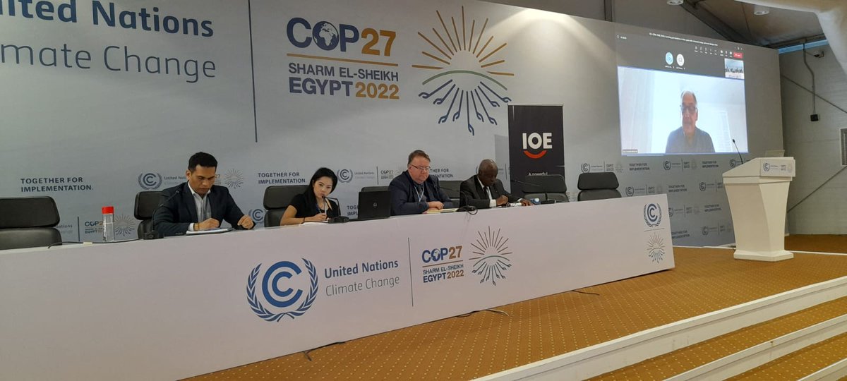 Global experts of our #Biz4GreenSkills panel at #COP27 showcase how they tackle #ClimateAction challenges while ensuring opportunities are achieved: <a href="/BusinessUnitySA/">BusinessUnitySA</a>'s <a href="/CasCoovadia/">Cas Coovadia</a>, <a href="/FollowCII/">Confederation of Indian Industry</a>'s <a href="/pravir_ibbi/">Pravir Deshmukh</a>, <a href="/Cgeci_Officiel/">CGECI - Le Patronat Ivoirien</a>'s Claude Koutoua and <a href="/ILOCairo/">ILO Cairo</a>'s <a href="/ericoechslin/">Oechslin</a>.