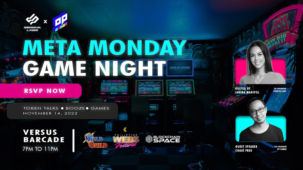 See you all this Monday Nov 14 7pm at Versus Barcade!

Presented by Serriva Labs and OP Games, get ready for a night in the world of blockchain, nostalgic arcade games, new connections, and booze!

Register here: partiful.com/e/sOg6isArxLj6…
